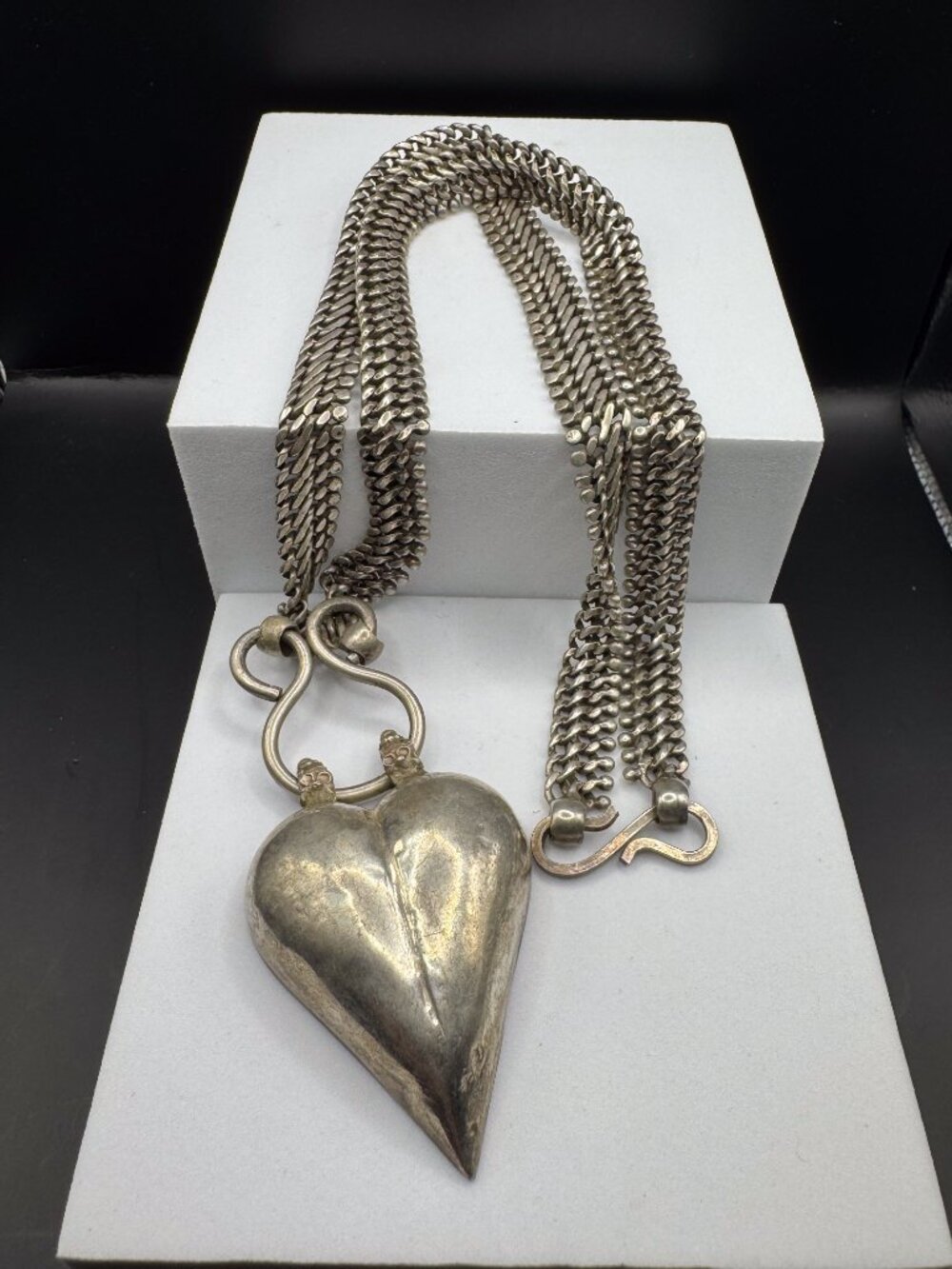 Vintage Tribal Puffy Heart Necklace Heavy Silver Tone Boho Statement 26" - Picture 1 of 7